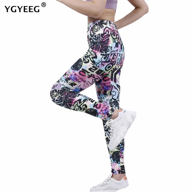 YGYEEG Women Leggings High Waist Graffiti Letter Pattern Knitted Gym Quick-Drying Sports Stretch Fitness Ankle-Length XXL Pants