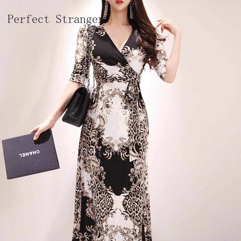 2019 Summer New Arrival Elegant V Collar Three-quarter  Sleeve  Flower Printed Woman Long Jag Dress