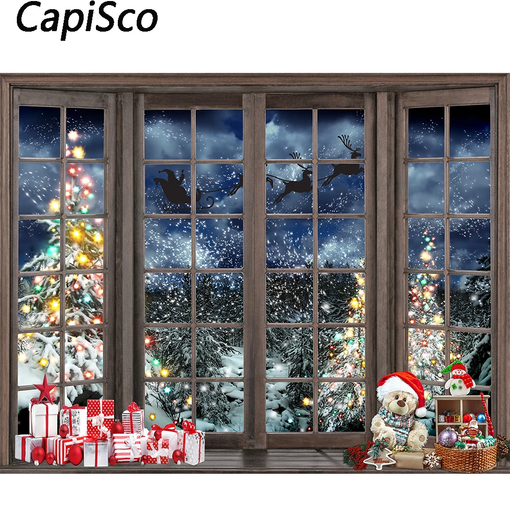 Capisco Christmas Photography Backdrop Xmas Tree Toys Window Snow Background Winter Family Newborn Portraits Photo Studio Props