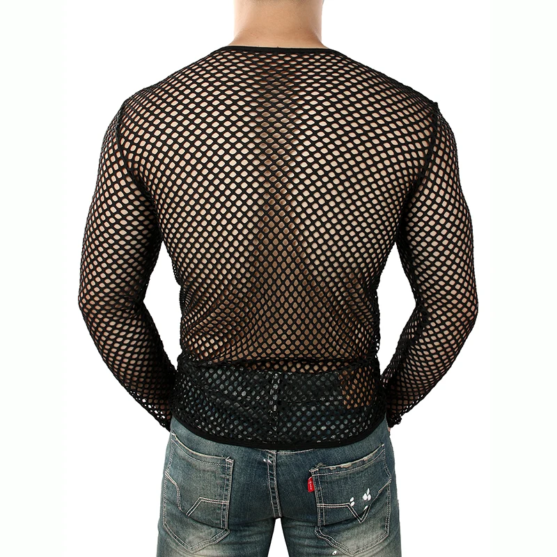 White Mesh See through Fishnet T-shirt Men 2021 Sexy New Long Sleeve Transparent Tee Shirt Homme Hip Hop Streetwear Camisetas