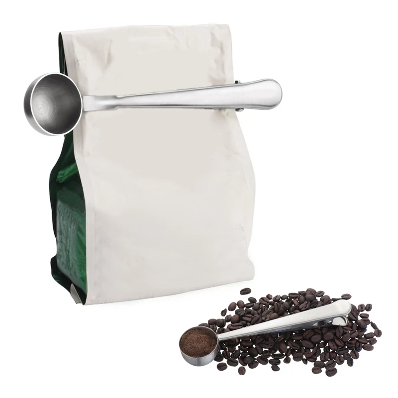1PC Durable Stainless Steel Spoon With Bag Clip Ground Tea Coffee Scoop With Portable Bag Seal Clip Powder Measuring Tools