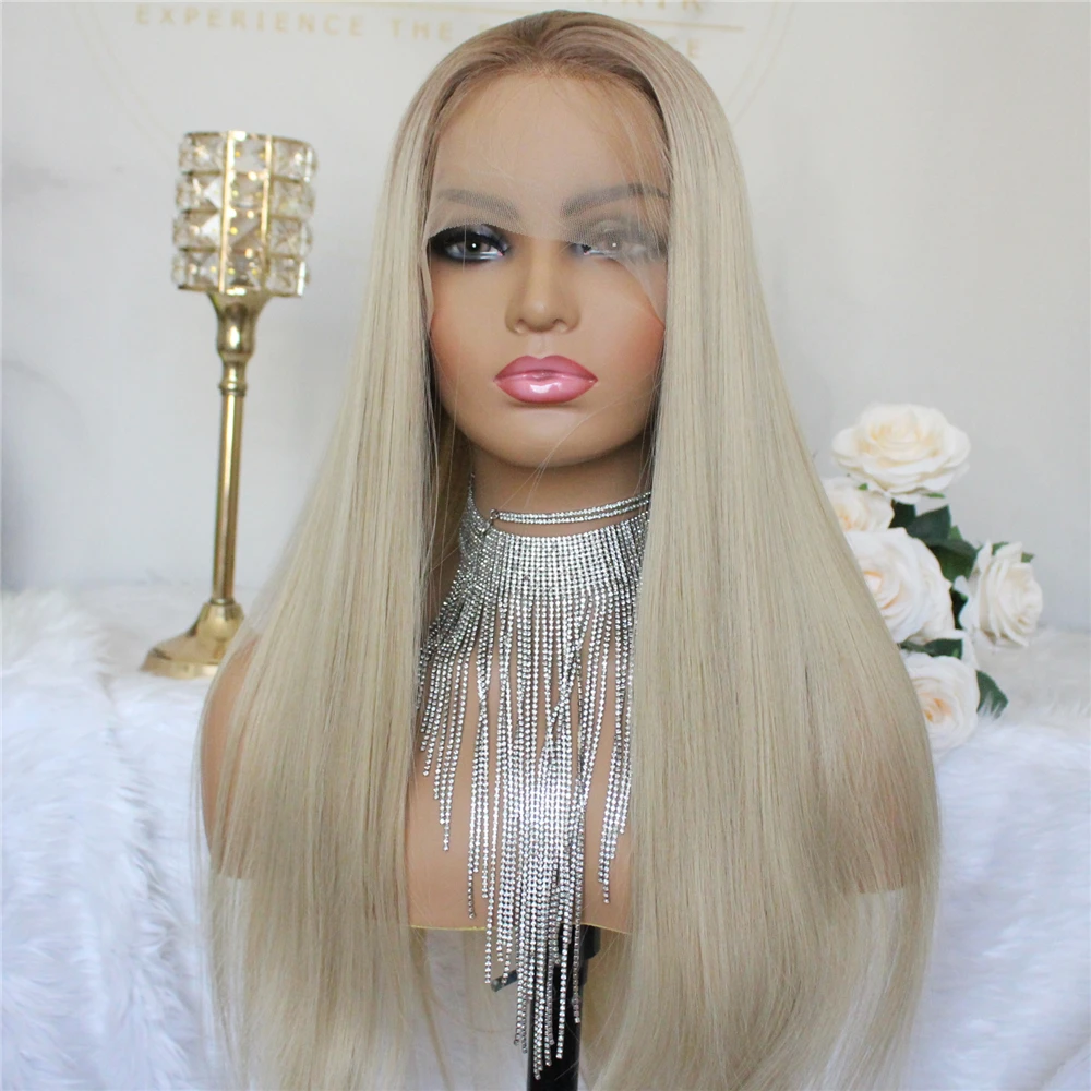 Perruque Lace Front Wig synthétique lisse, cheveux blonds cendrés blonds platine, perruque Lace Wig transparente longue pour femmes