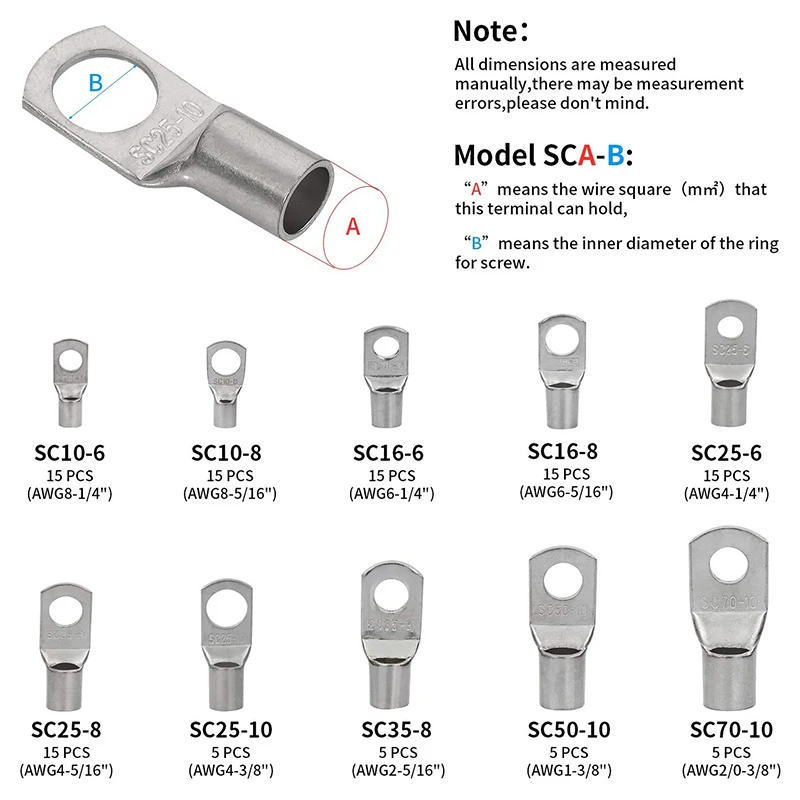 110pcs Cable Lugs Tinned Copper Clips Ring Copper Battery Connections Plug Cable Lugs Tubular Cable Lugs SC10-6 Wire Connecter