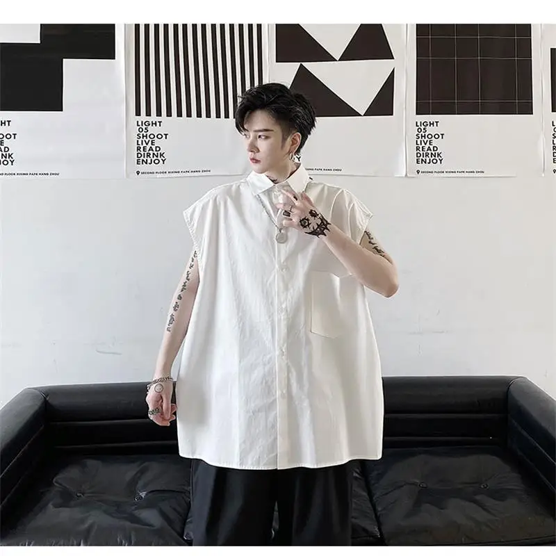 Men's New Back Pocket Splicing Street Style Urban Youth Fashion Hip-Hop Casual Loose Large Size Sleeveless Black And White Shirt