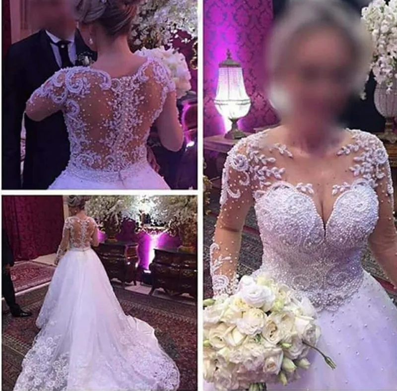 Vestidos De Novia Illusion Perlen Hochzeit Kleid 2021 Nach Maß Appliques Langen Ärmeln Brautkleid Robe De Mariee