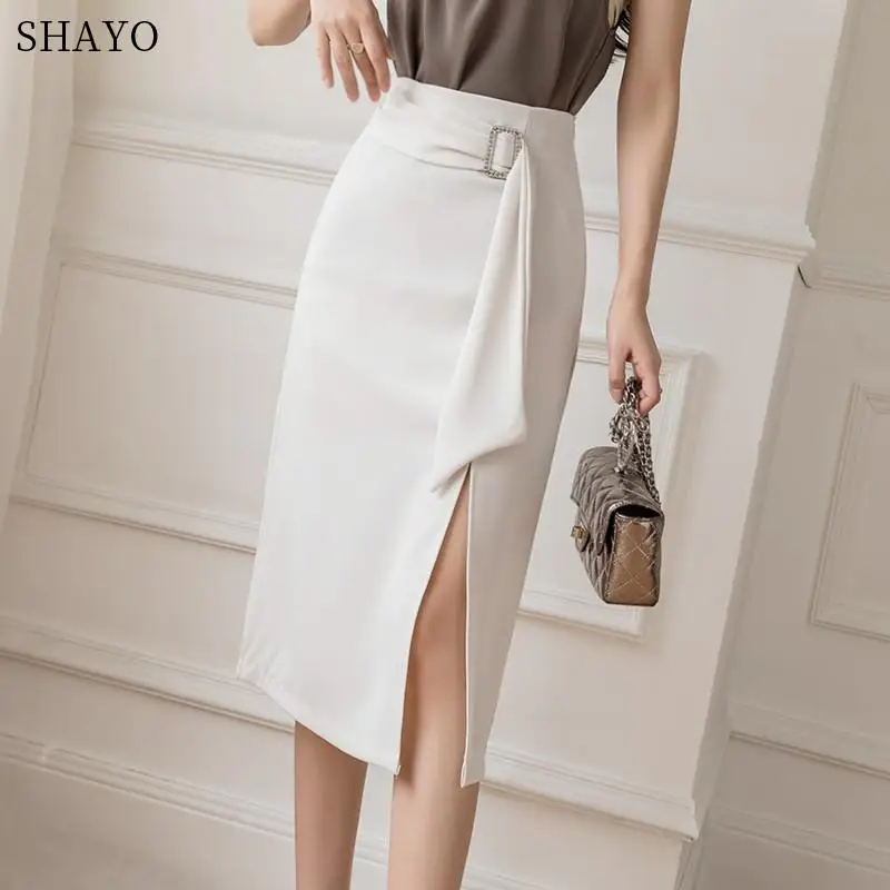 2021 Summer Korean Women Fashion Square Buckle Belted High Slit Wrap Pencil Skirt Korean Style Elegant High Waist Office Skirts