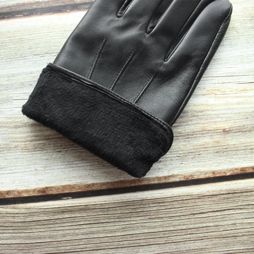 New men\'s sheepskin gloves fashion leather velvet lining autumn and winter warmth snap button elastic black gloves