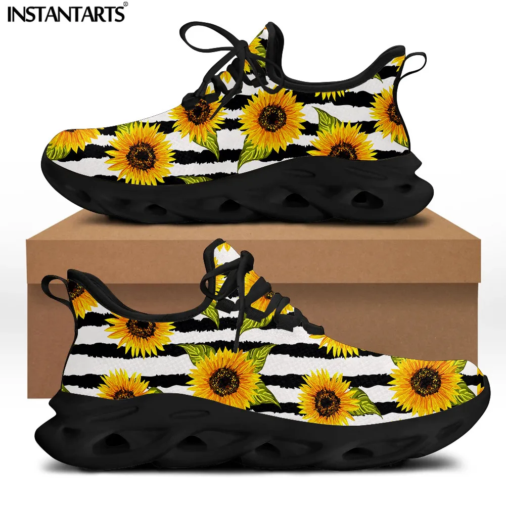 New Fashion Women Sunflower Black and White Striped Pattern Flats Lace Up Shoe Soft Wear-resistant Sneakers Ladies Stretch Shoes