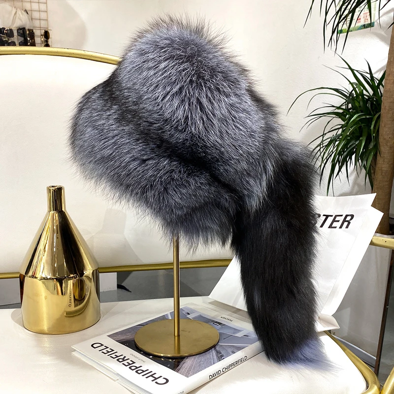 

Women's Russian Real Silver Fox Fur Hat Winter Genuine Bombers Fox Hat Thick Warm Earmuff Dome Mongolian Hat With Tail Cap