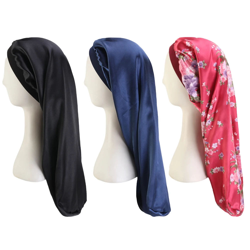 Women Baggy Cap Long Hair Sock Cap Printed Sleep Hat Wrap Night Cap Hair Care Bonnet Nightcap Wide Band Elastic Satin Headcover