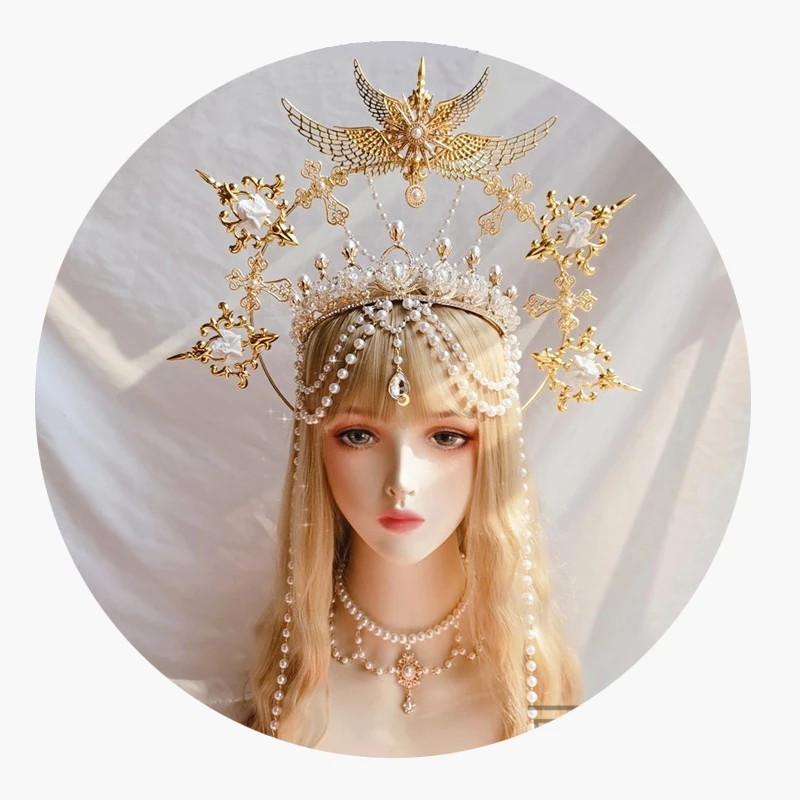 DIY Kit Angel  Feather Wings Gothic Lolita Halo Crown Cross Headband Virgin Bead Chain Tiara Headwear for Christmas Party