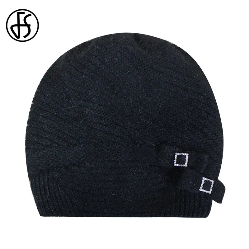 FS Winter Hat For Women Beanies Hats Rabbit Fur Black Wool Knitted Caps Skullies Elegant Casual Solid Bonnet 2020 Gorros Mujer