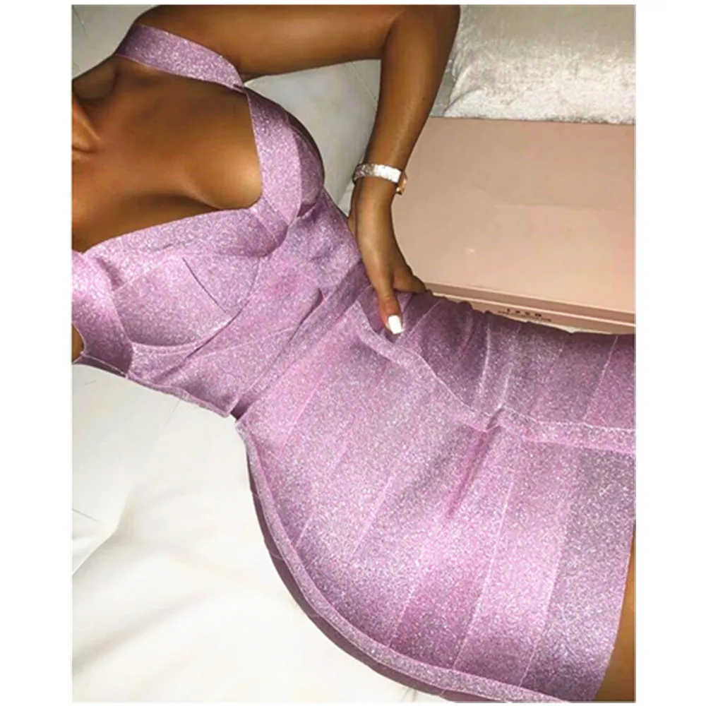 Free Shipping Ladies Sexy V Neck Backless Purple Shining Women Bandage Dress 2021 Designer Fashion Sparkly Party Dress Vestido