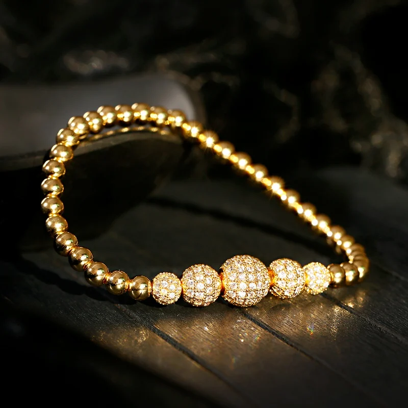 2020 Classic Gold Color Ball Copper Beaded Bracelet For Men Luxury White CZ Handmade Bracelet Women Jewelry