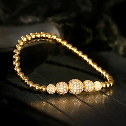 2020 Classic Gold Color Ball Copper Beaded Bracelet For Men Luxury White CZ Handmade Bracelet Women Jewelry