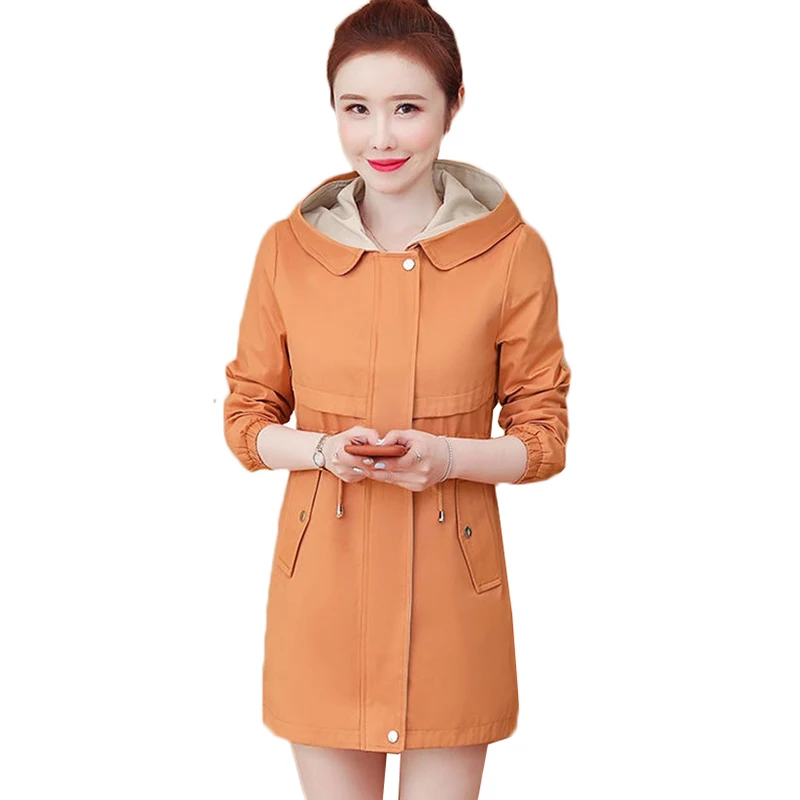 

2021 Autumn Women's Trench Coat Long Sleeve Zipper Casual Female Windbreaker Basic Coats Drawstring Elastic Waist Outerwear 3XL