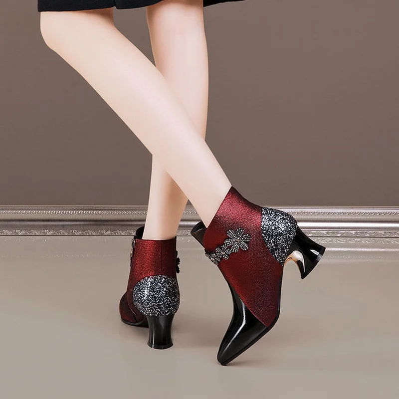 FHANCHU 2021 NEW Women Leather Short Boots,Fashion Rhinestone Winter Shoes,Ankle Botas,Pointed Toe,Wine-red,Blue,Dropship