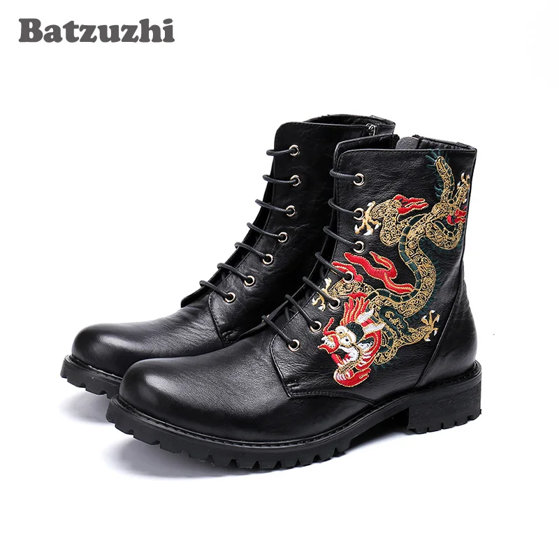 

Batzuzhi Genuine Leather Ankle Motorcycle Men Boots Round Toe Totem Fashion Men Boots Botas Hombre, Runway, Party Short Boot Man