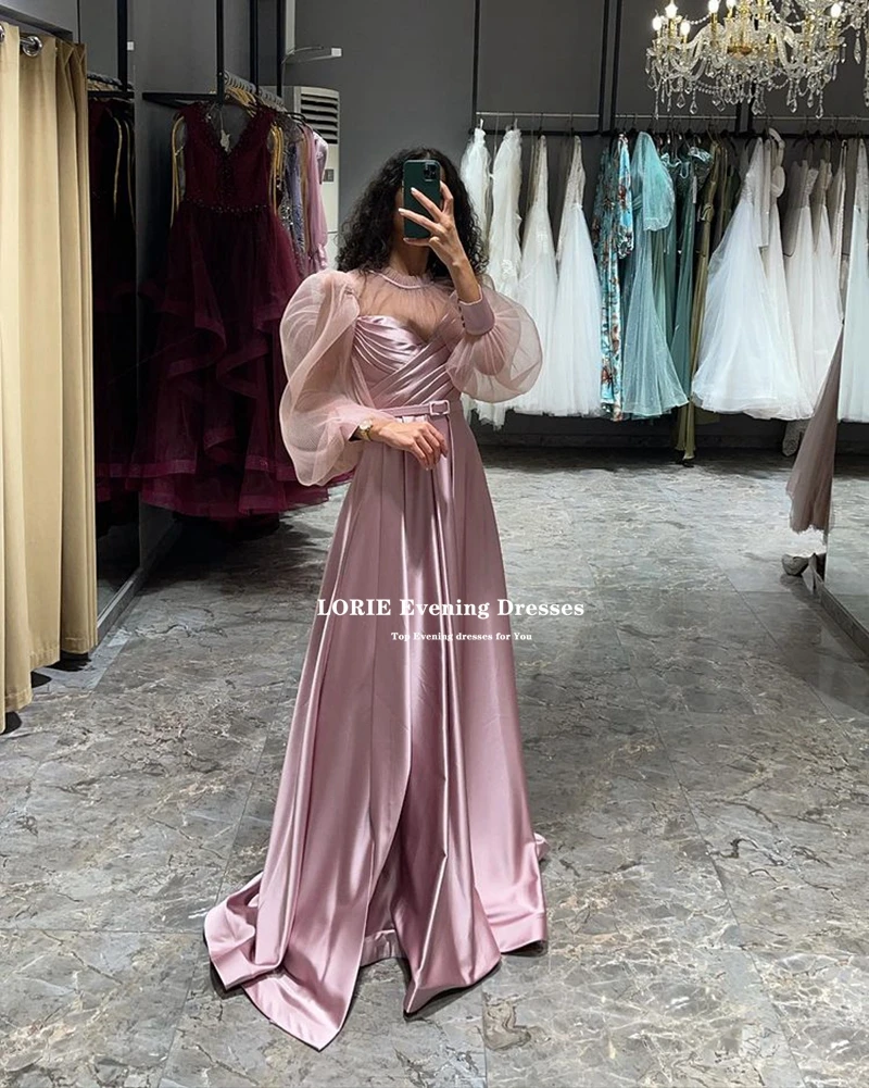 LORIE – robe De Soirée longue en Satin rose poussiéreux, Simple, col haut, manches bouffantes