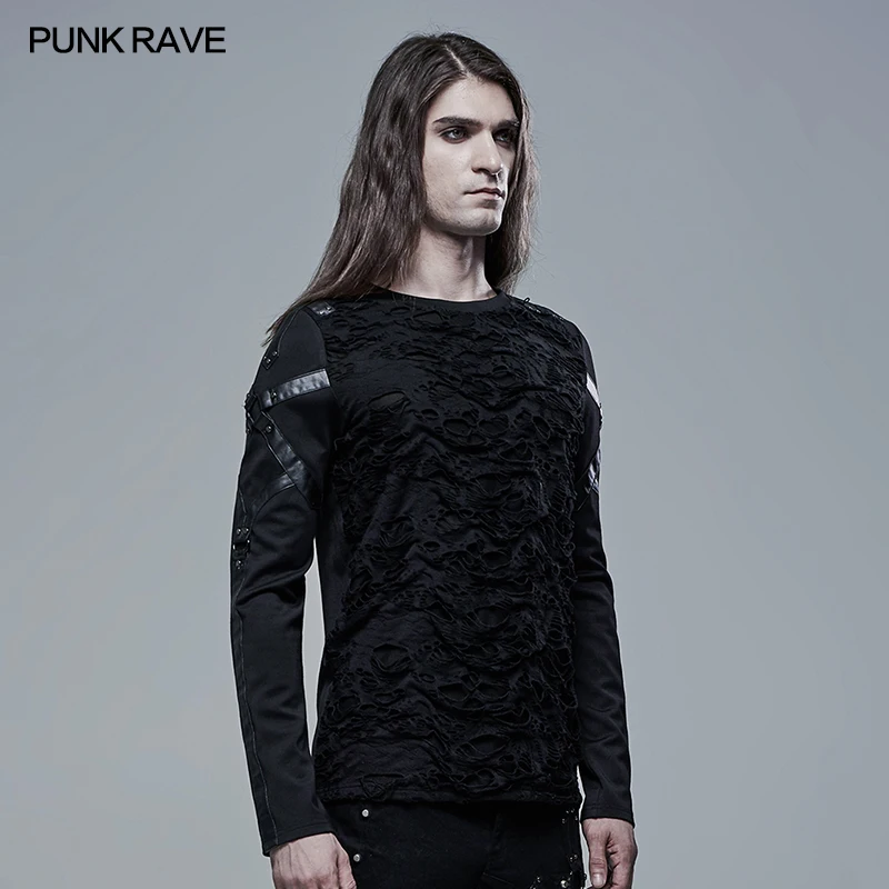 PUNK RAVE Men\'s Gothic Church Building Structure Knited Elastic Long Sleeve T-shirt Punk Personality Casual Men Black Tops