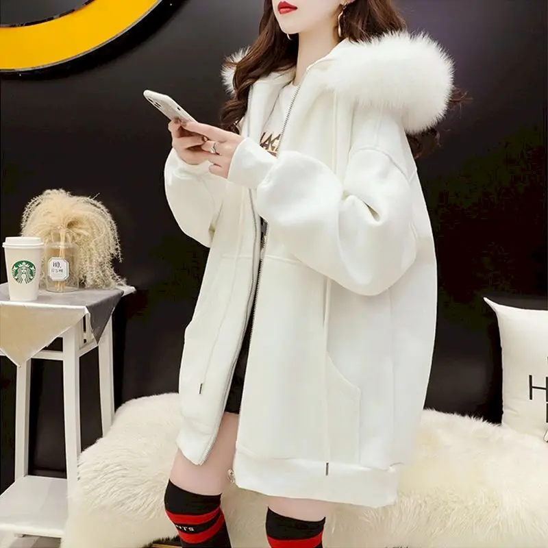 Mid-length Plus Velvet Hooded Jackets Women Loose Korean Fashion All-match Solid Color Fur Collar Cardigan Hoodies Fall Winter