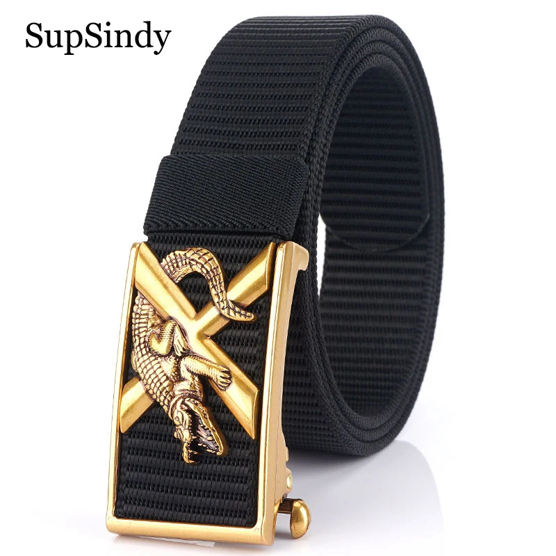 

SupSindy Man's Nylon Belt Luxury Crocodile Metal Automatic Buckle Canvas Belts for Men Fashion Jeans Waistband Casual Male Strap