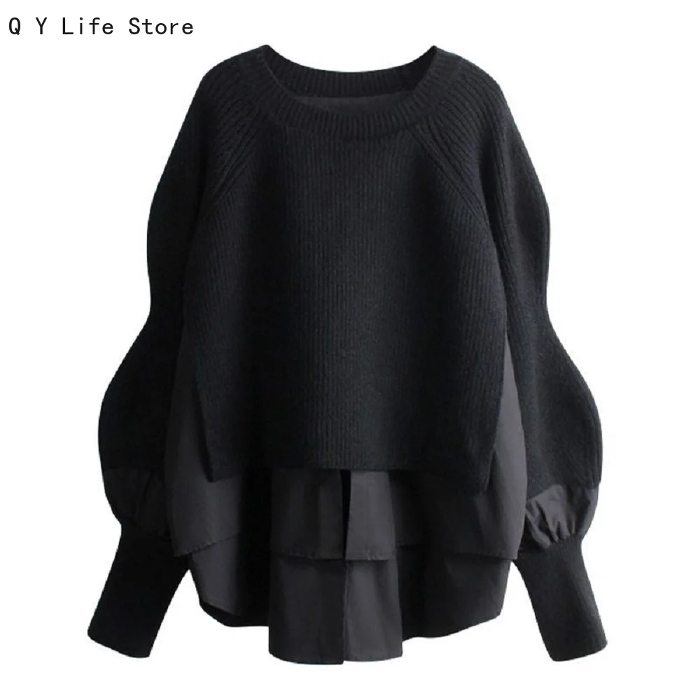 

Long-sleeved Oversize Top Sweater Winter Fake Two-piece Fashion Loose Round Neck Design Sense Pullover Thin Knit Sweater Women