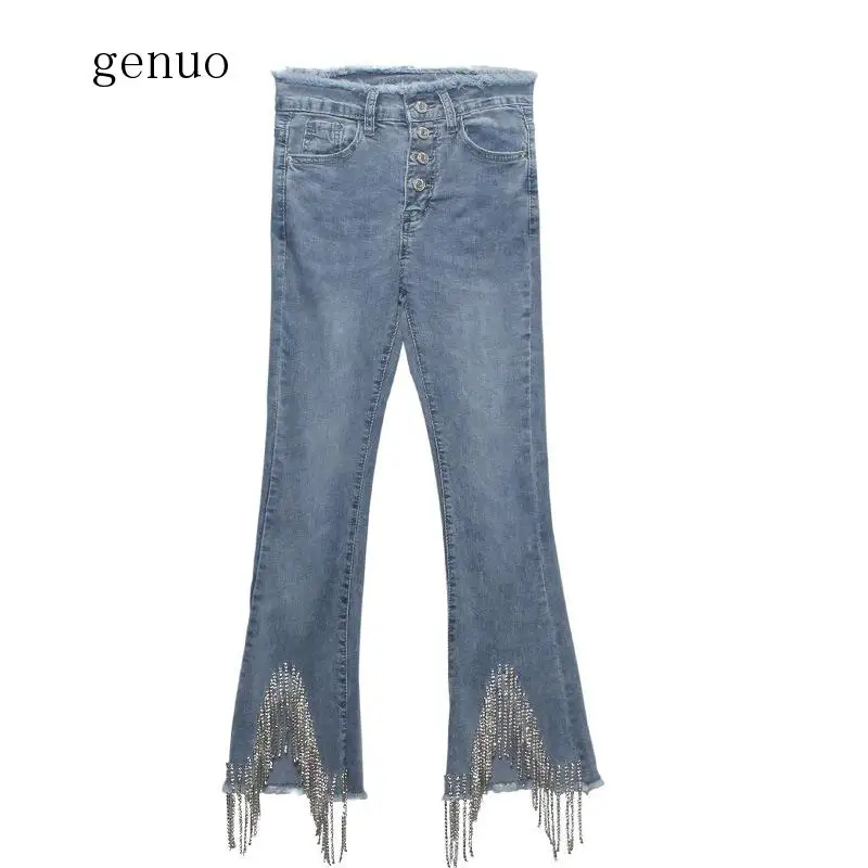 New Spring Jeans Women's Heavy Industry Fringed Beaded And Fur-trimmed High Waist Slim With Slight Jeans Flare