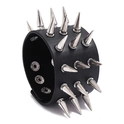 2025 Punk Style Wristband Leather Studded Bracelet Cuspidal Spikes Rivet Stud Wide Cuff Black Bangle Adjustable Men Bracelet