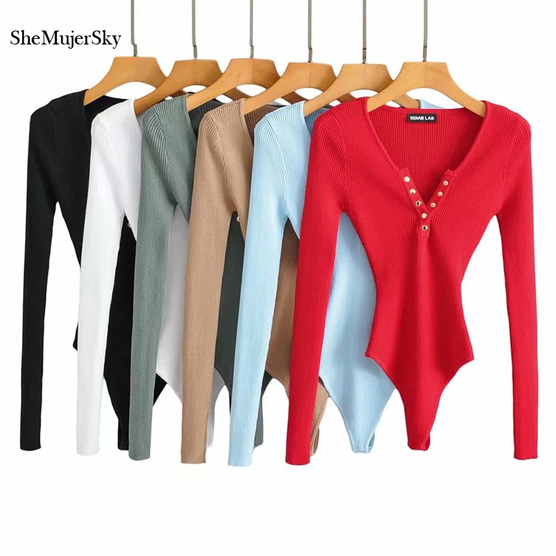 SheMujerSky Women Long Sleeve Buttons V-neck Bodysuits 2021 Sexy Spring Autumn Knitted High Elastic Slim Jumpsuit