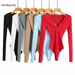 SheMujerSky Women Long Sleeve Buttons V-neck Bodysuits Sexy Spring Autumn Knitted High Elastic Slim Jumpsuit