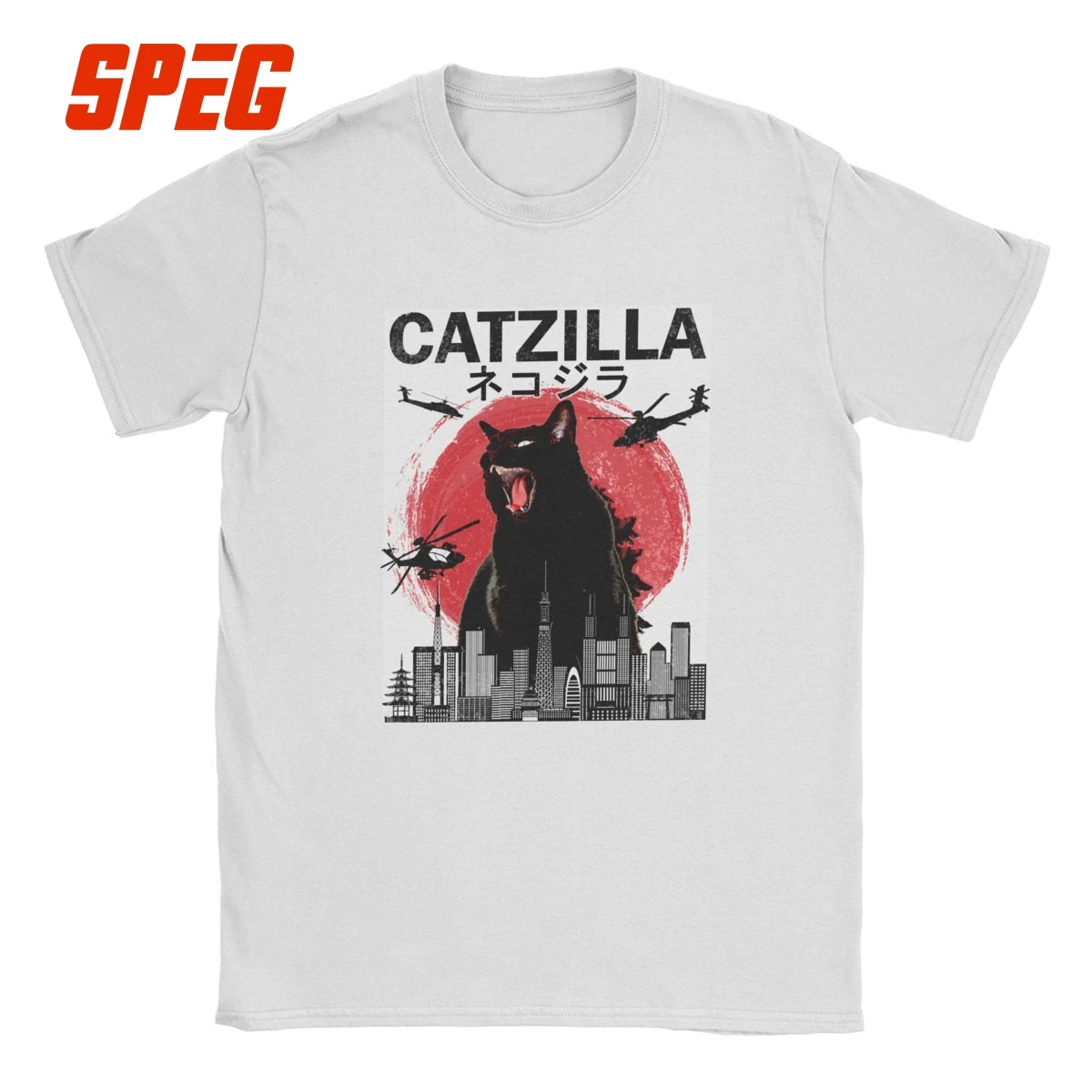 Vintage Catzilla Japanese Sunset Cat Lover T-Shirt Men Novelty Pure Cotton Tee Shirt Round Collar Short 4XL 5XL Sleeve T Shirts