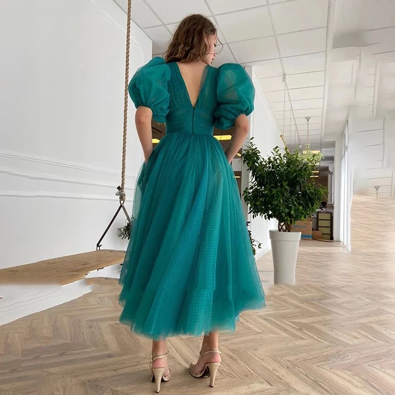 Robe de Soirée en Tulle Vert à Pois, Col en V, Manches 2023, Longueur Thé, lèvent Plissés, Élégante, Courte, Tenue de Bal, Sans Noir