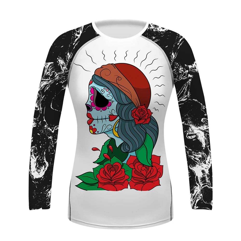 Women's Grappling Base Layers Sugar Skull Printed Long Sleeve Workout Training Sports Wicking Rash Guards Day Dead Gypsy