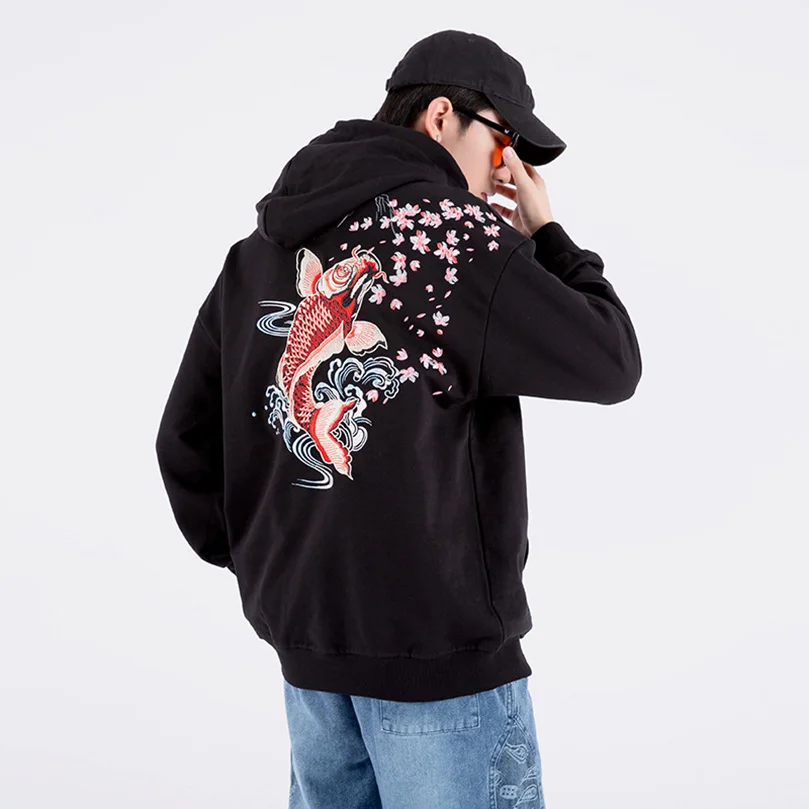 100% Cotton Spring Autumn Hoodies Men Hooded Carp Embroidery Sukajan Oversize Sweatshirt with Hood Male Coat Streetwear