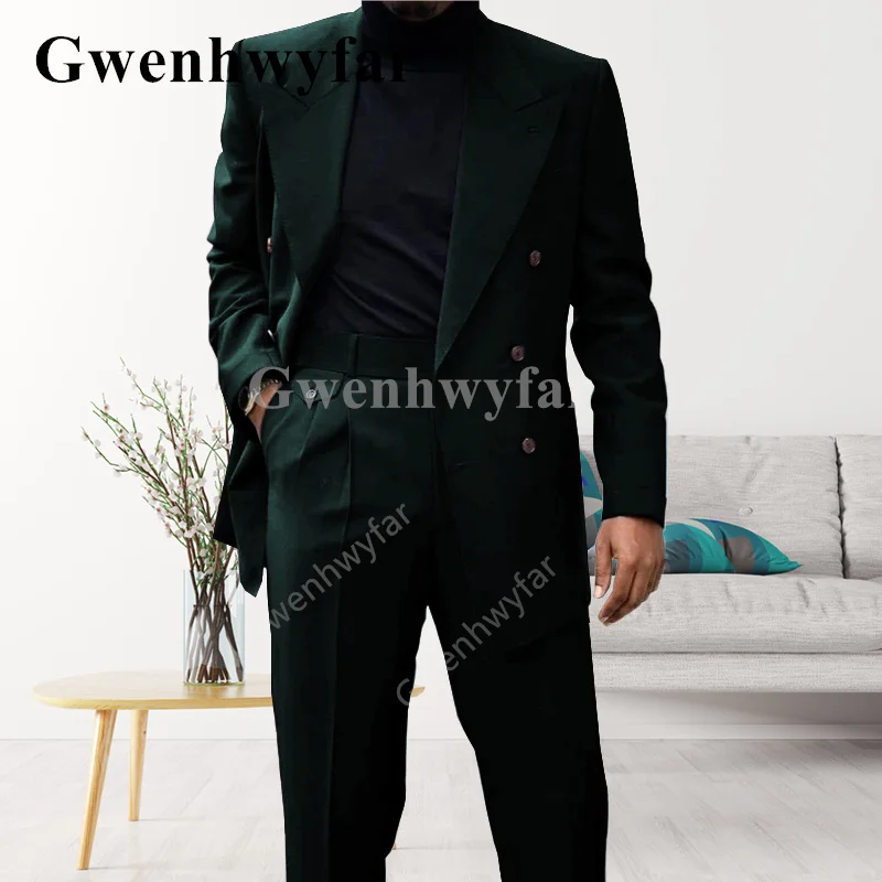 Gwenhwyfar – veste Double boutonnage mi-longue en Denim bleu pour homme, 2 pièces, costume de mariage, avec pantalon, nouvelle mode