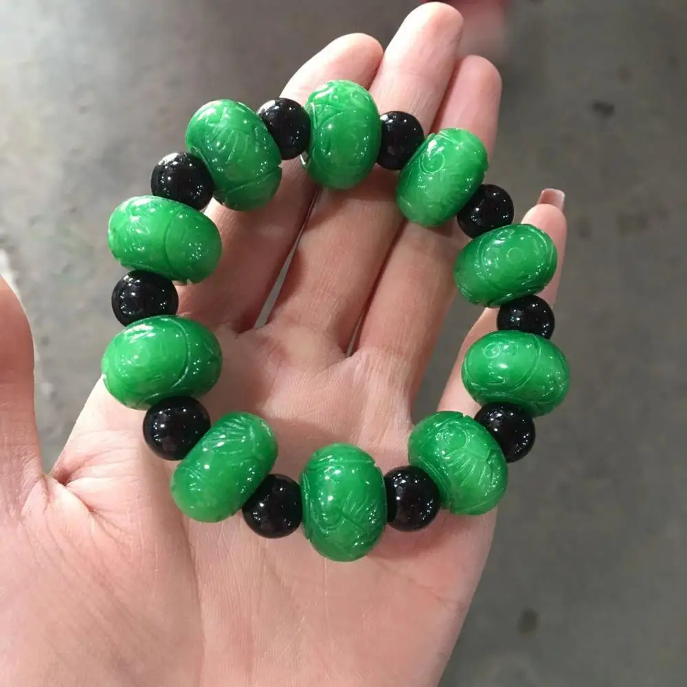 

Natural Myanmar green jade bracelets handcarved beads bracelet jadeite jade women men prayer emerald Jade Bracelet