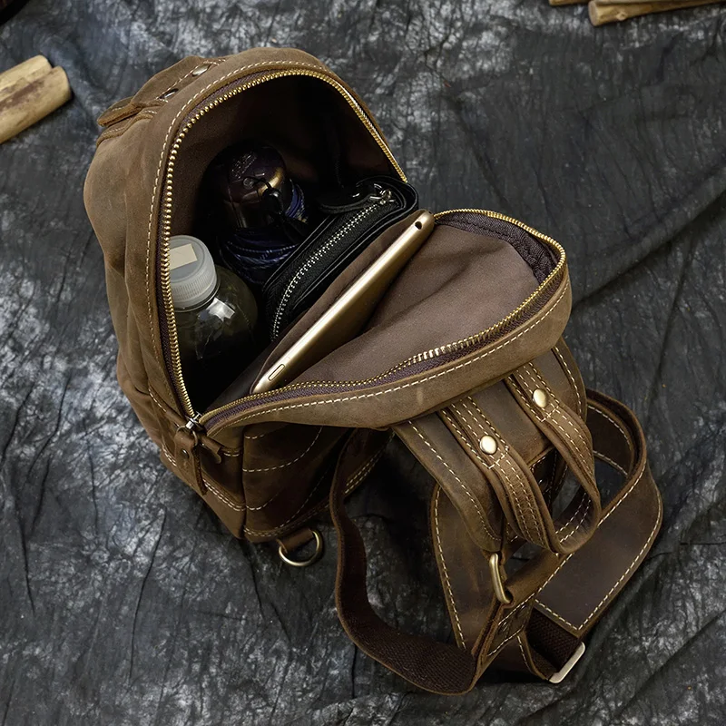 Luufan bolso de pecho de cuero de Caballo loco para hombre, pequeño bolso de viaje de cuero genuino, bandolera de cuero de vaca Vintage