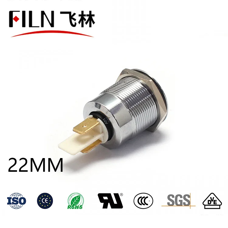 Filn cabeça chata de metal 22mm 12v 24v 110v 220v lâmpada de piloto à prova d\' água led luz indicadora à prova de explosão