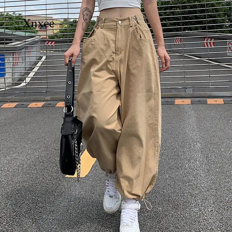 

Summer Women's Casual Solid Color Loose Khaki Outfit Loose Trousers Adjustable Buckle High Waist Black Sports Pants