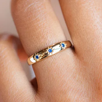 High Polished Engraved Blue Cz North Star Starbrust Charm Band Finger Ring For Women Gold Color Fashion Open Adjust Jewelry Gift