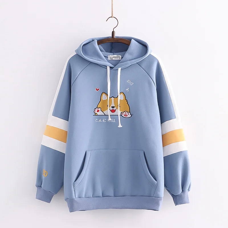 

Harajuku Kawaii Anime Dog Hoodies Women Black Fleece Warm Hooded Sweatshirts Cute Graphic Teen Girl Winter Vintage Blue Pullover