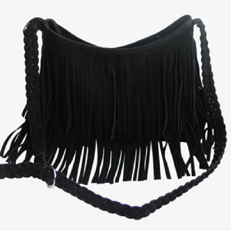 Women's Fringed Leather Shoulder Bag With Adjustable Knitting Strap Soft Ethnic Style PU Messenger Bag Solid Color 2023 New