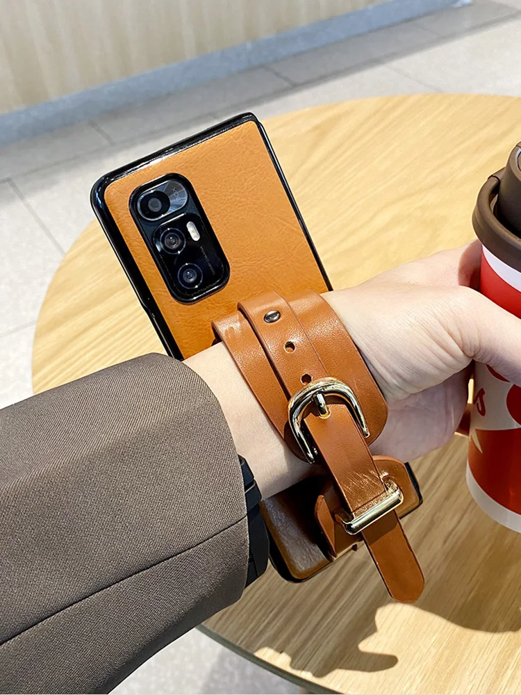 For Samsung Galaxy Z Fold2  Fold3 5G Fashion Portable Brown Belt Loop Leather Case For Xiaomi Mixfold/ Huawei MateX2