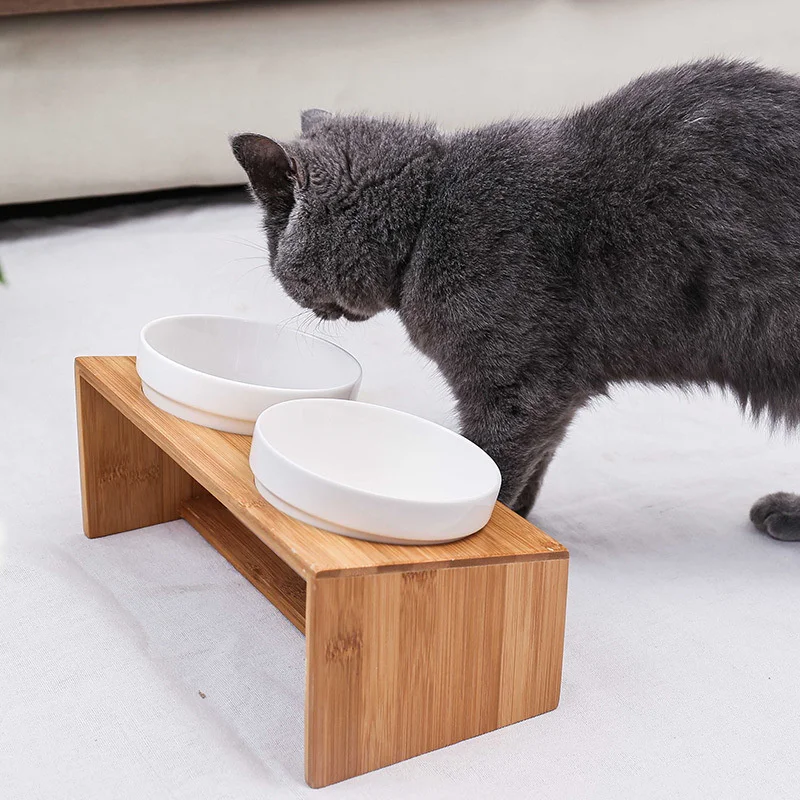 Pets Double Bowl Dog Cat Food Water Feeder Stand Raised Ceramic Dish Bowl Wooden Table Pet Supplies