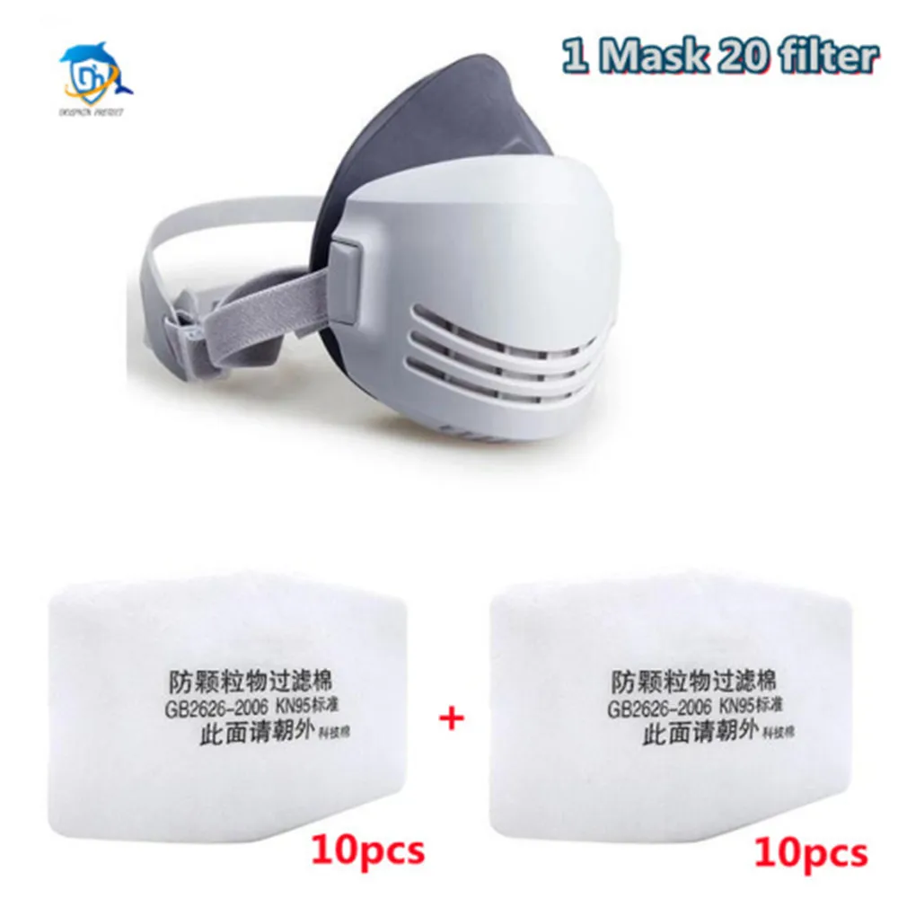 Dust Mask +20pcs Filter Cotton Respirator Half Face Dust-proof Mask Anti Industrial Construction Dust Haze Fog Safety Gas mask