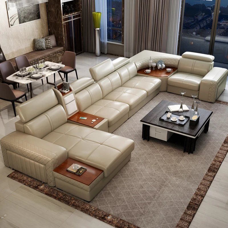 Leather sofa modern simple head cowhide living room size Huxing multi-functional leather leather sofa combination