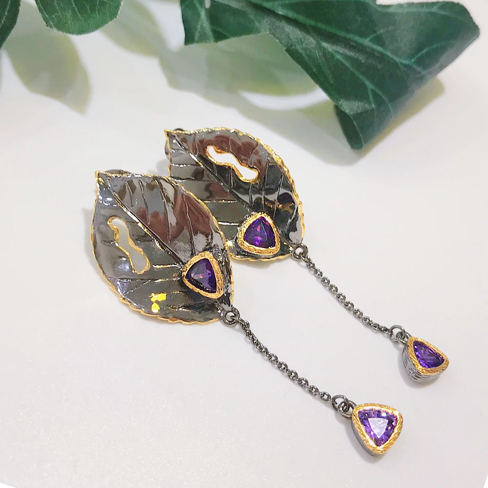 

Purple Leaf CZ Zirconia Dangle Earrings Vintage Jewellery Mother's gift Jewelry Drop earring for Women