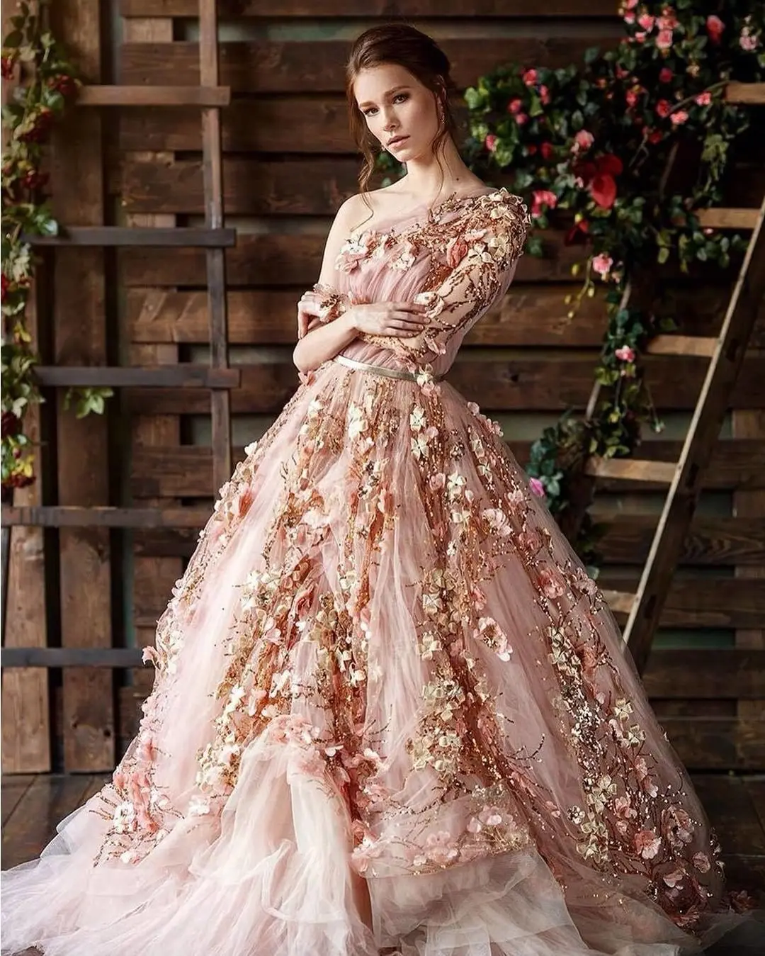 Robe de Soirée Rose à Fleurs 3D de Luxe, Tenue de Bal de Standing Perlée, Style Arabe et Musulman, Vêtement de Célébrité