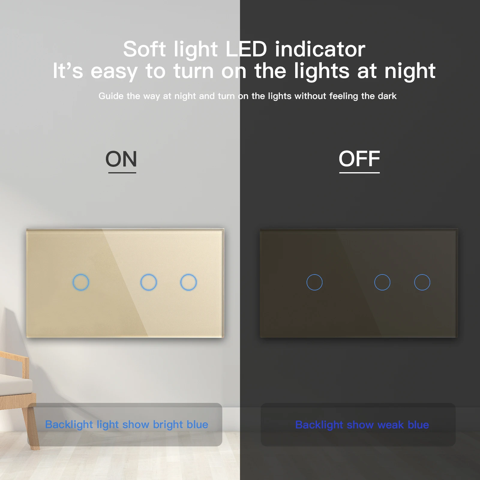 Bseed 1Gang 2Gang Touch Sensor Switch 2Way Light Switch White Black Golden Crystal Class Panel Switch Waterproof Double Switches